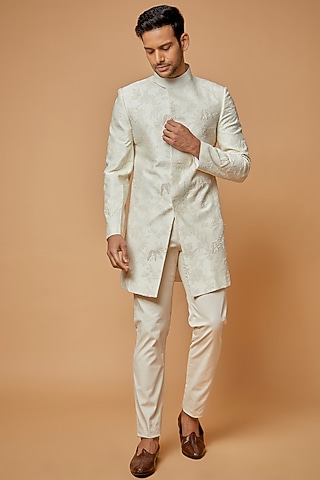 Ivory Banarasi  Silk Embellished Indowestern Set by AMIT ARORA