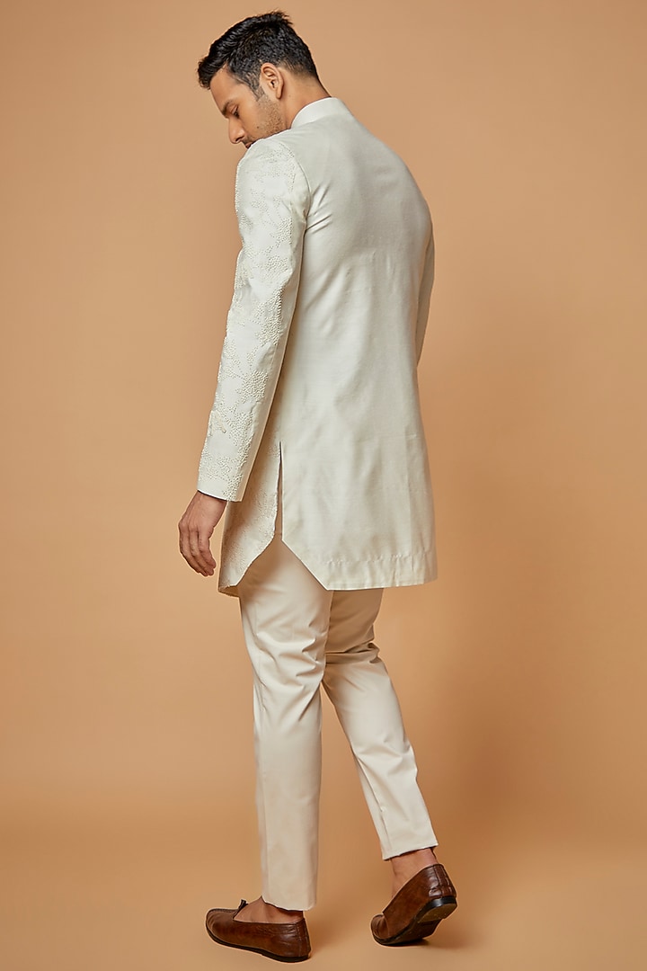 Ivory Banarasi Silk Embellished Wedding Indowestern Set by AMIT ARORA at Pernia's Pop Up Shop