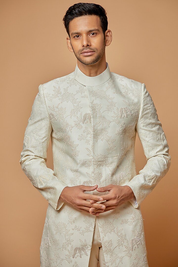 Ivory Banarasi Silk Embellished Wedding Indowestern Set by AMIT ARORA at Pernia's Pop Up Shop