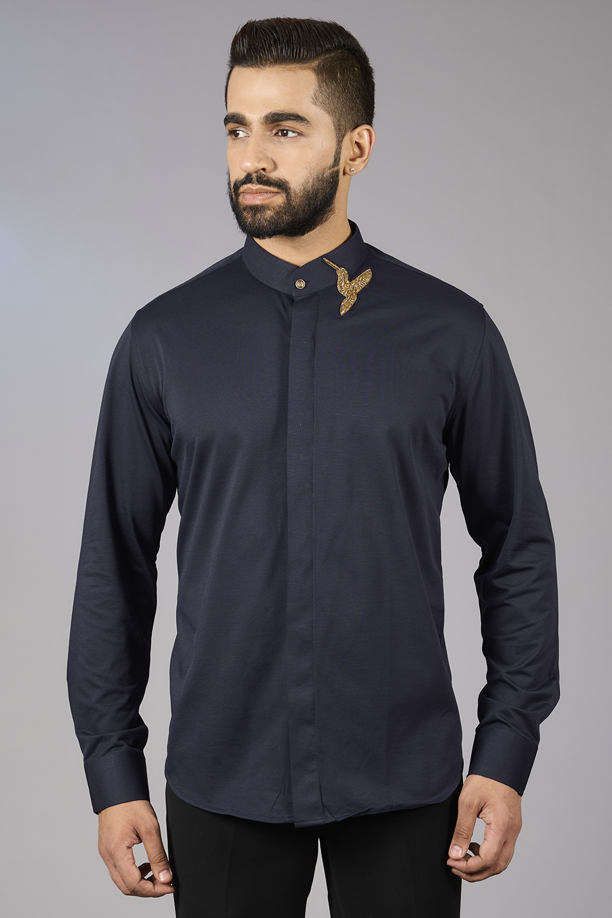 Navy Blue Polyamide Hand Embroidered Shirt by AMIT ARORA