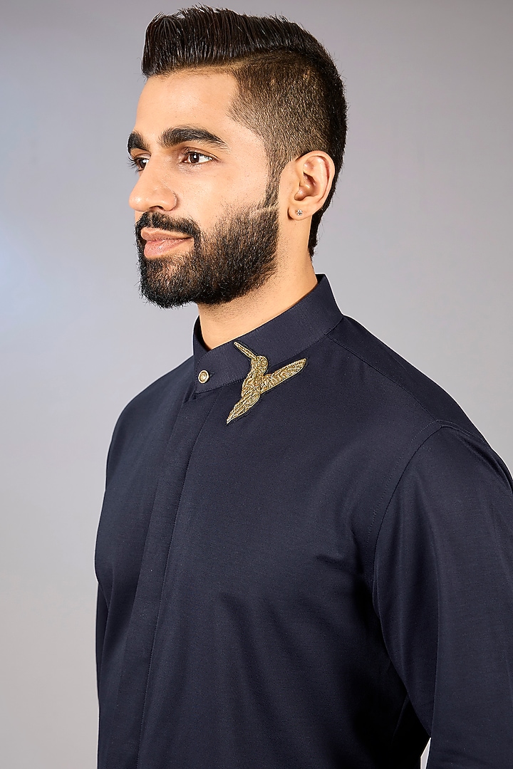 Navy Blue Polyamide Hand Embroidered Party Wear Shirt by AMIT ARORA at Pernia's Pop Up Shop