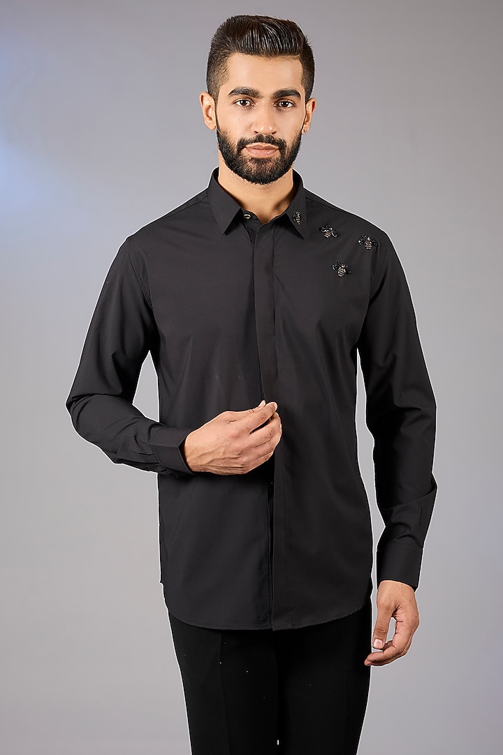 Black Acetate Hand Embroidered Party Wear Shirt by AMIT ARORA at Pernia's Pop Up Shop