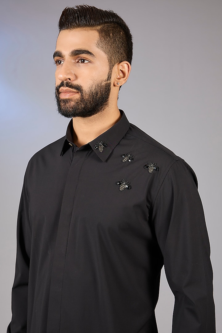Black Acetate Hand Embroidered Party Wear Shirt by AMIT ARORA at Pernia's Pop Up Shop