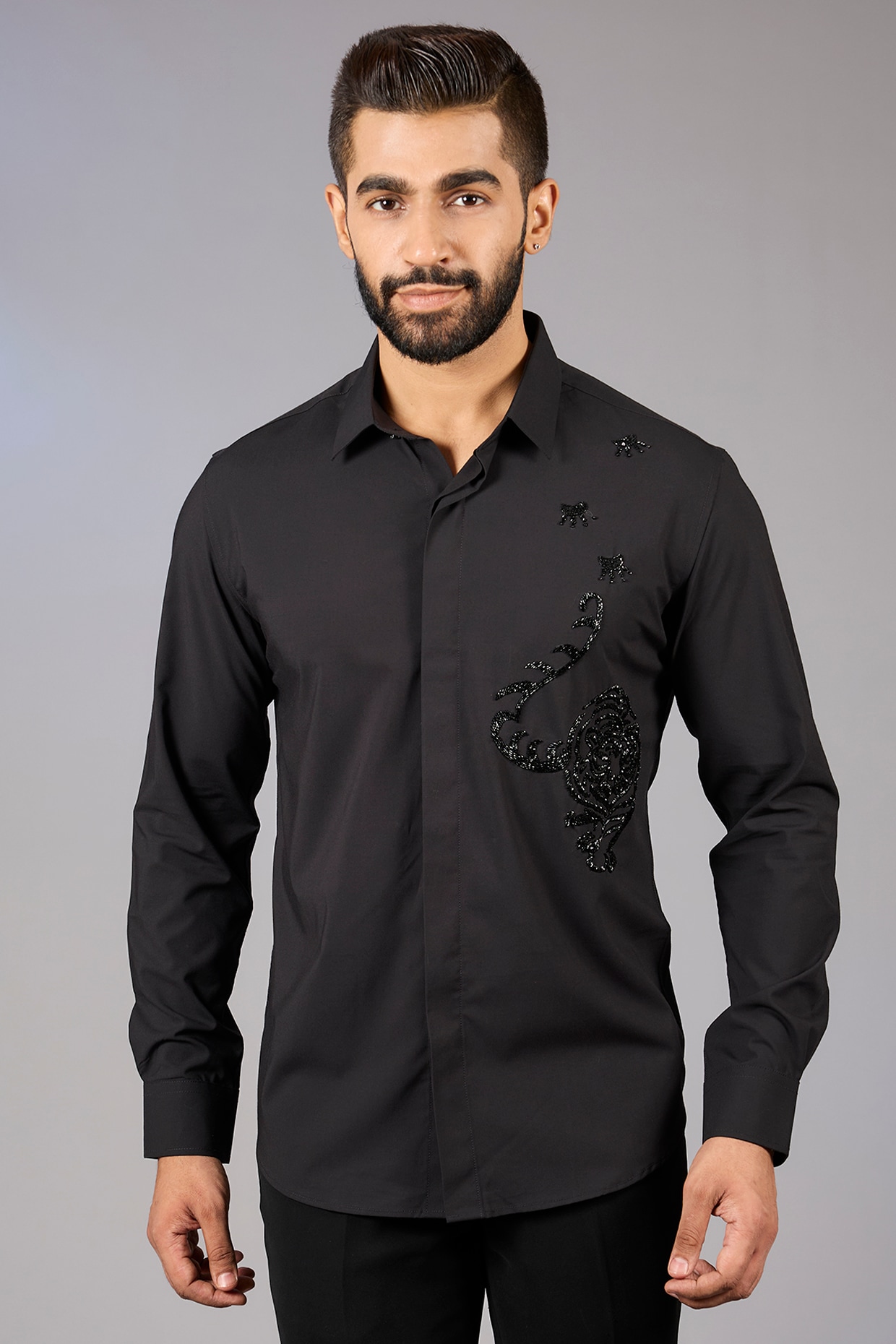 Black Polyamide Hand Embroidered Party Wear Shirt by AMIT ARORA at