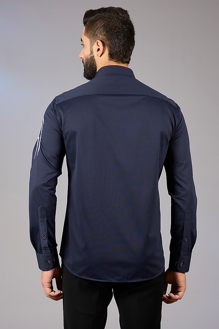 Navy Blue Knit Motif Embroidered Party Wear Shirt by AMIT ARORA at Pernia's Pop Up Shop
