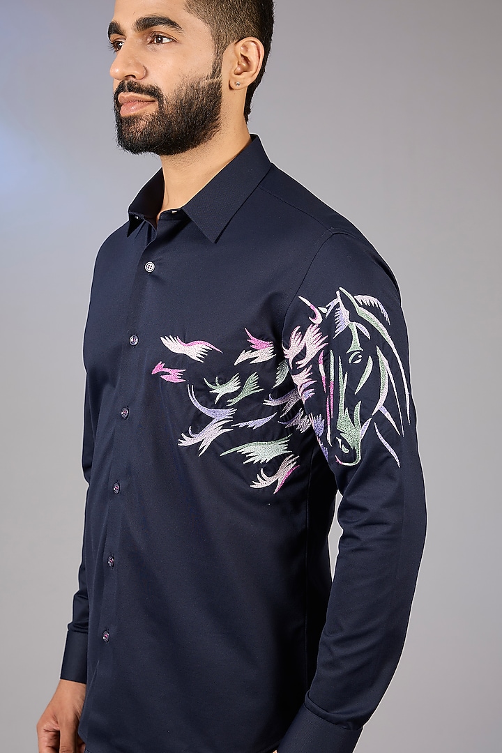 Navy Blue Knit Motif Embroidered Party Wear Shirt by AMIT ARORA at Pernia's Pop Up Shop