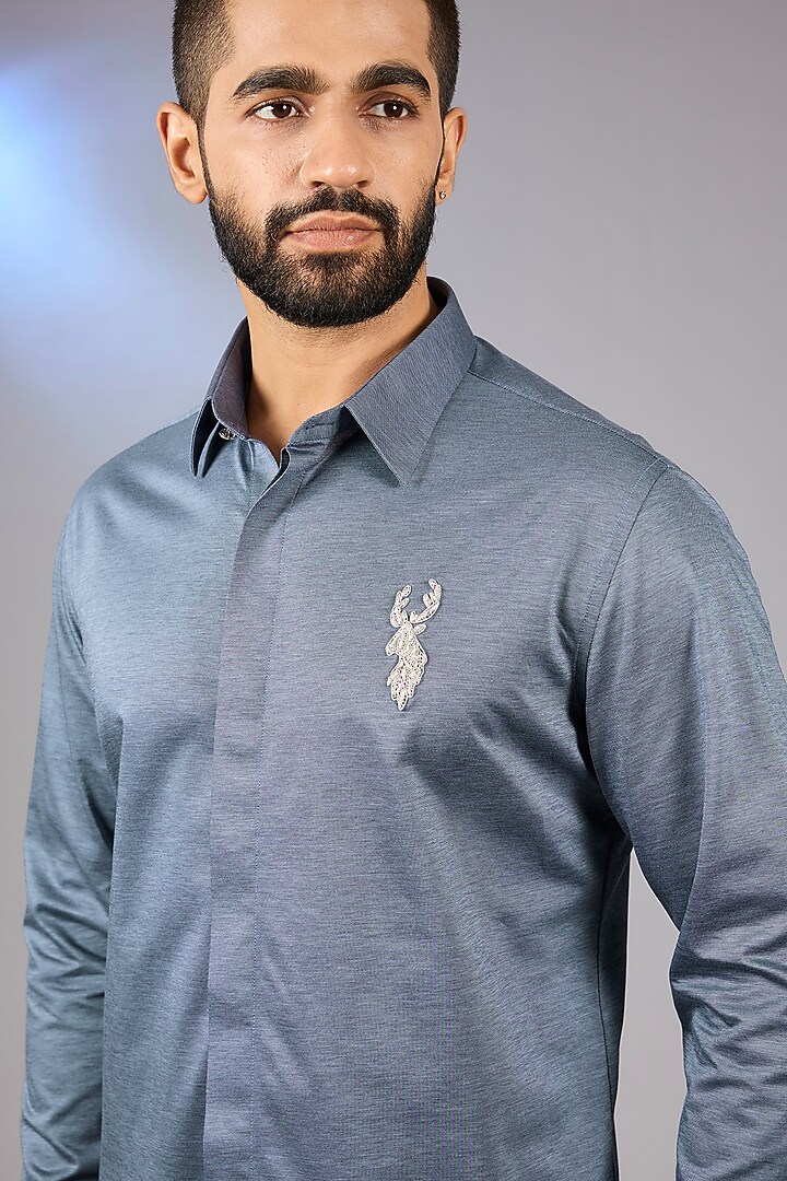 Blue Polyamide Hand Embroidered Party Wear Shirt by AMIT ARORA at Pernia's Pop Up Shop