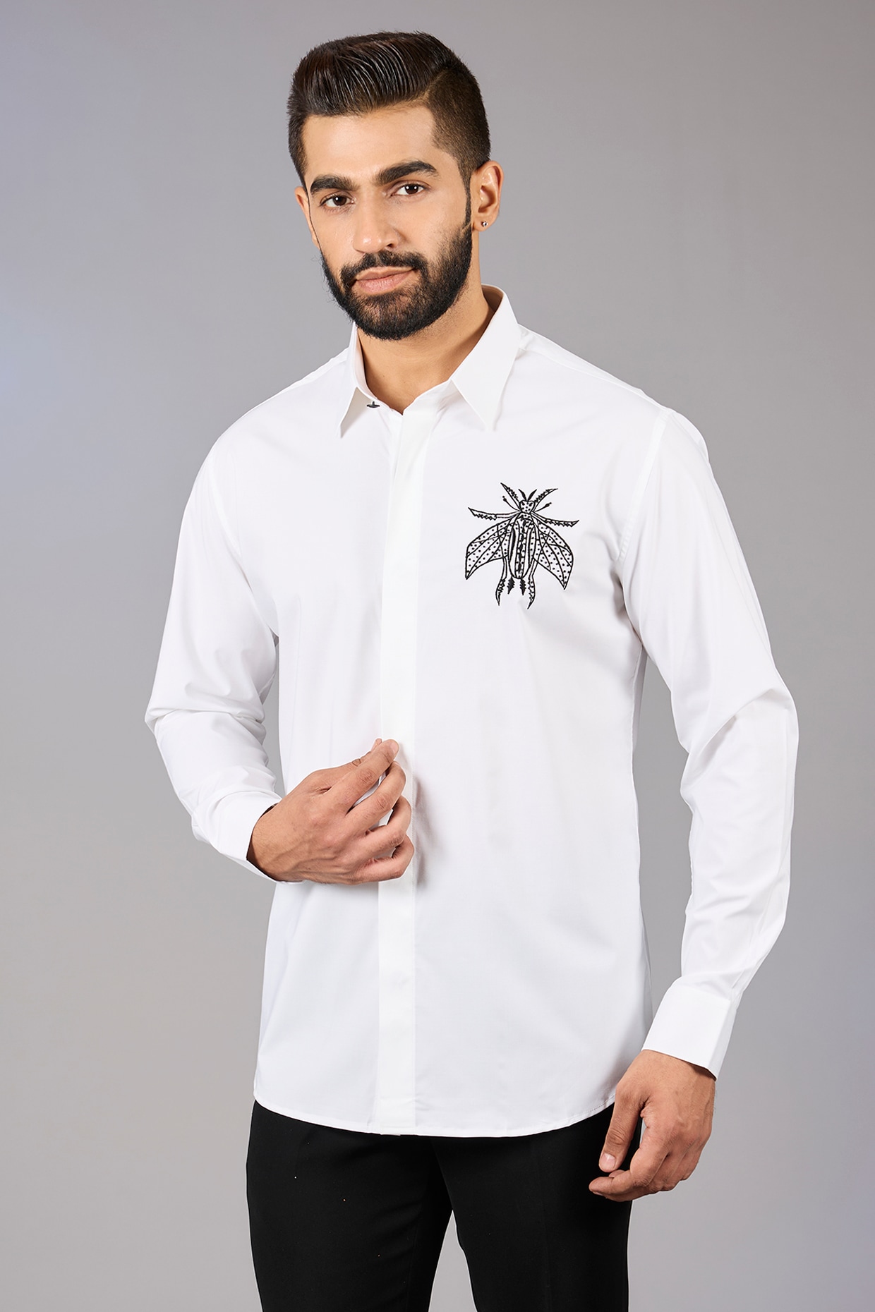 White Acetate Hand Embroidered Shirt by AMIT ARORA at Pernia's Pop