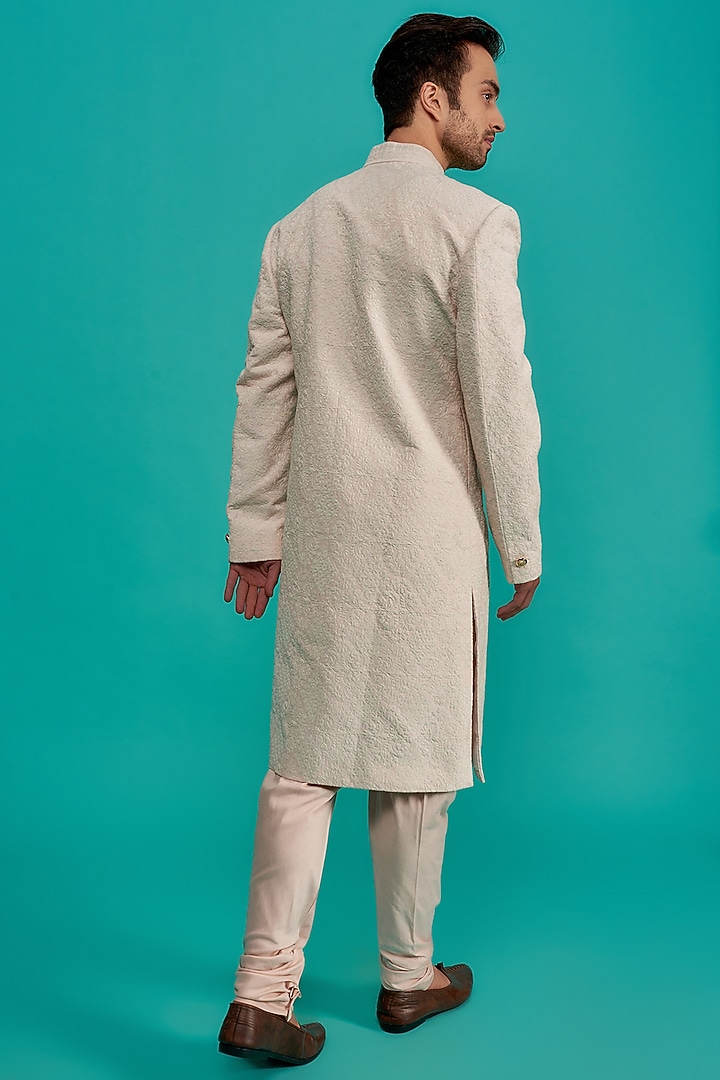 Baby Pink Raw Silk Hand Embroidered Groom Sherwani Set by AMIT ARORA at Pernia's Pop Up Shop