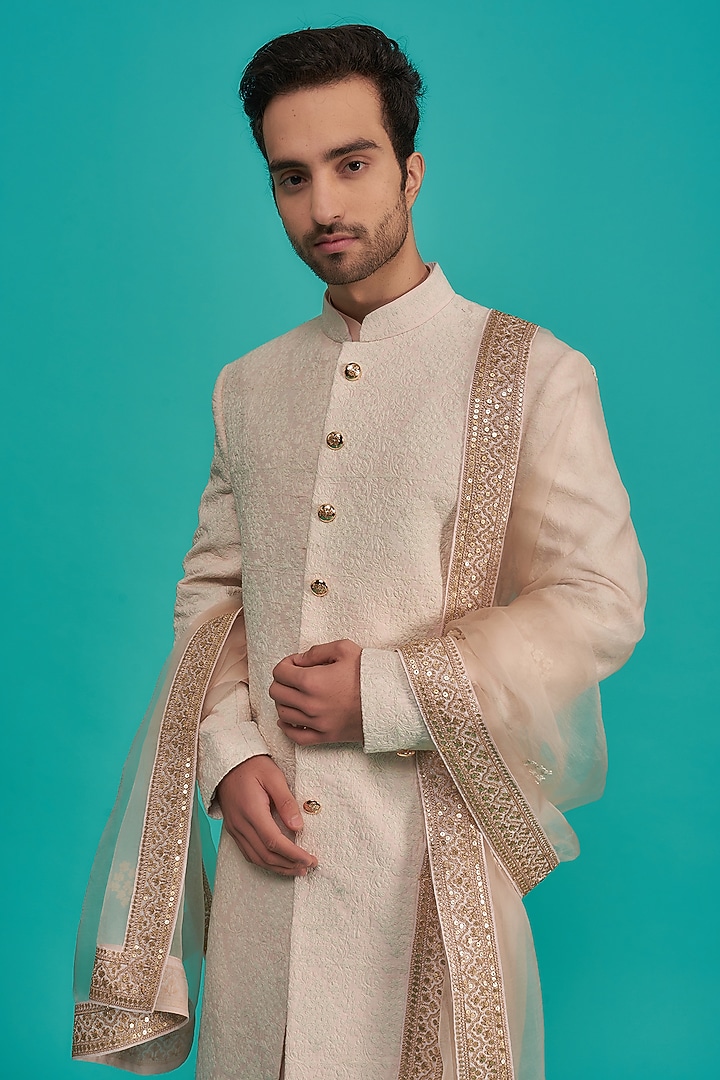 Baby Pink Raw Silk Hand Embroidered Groom Sherwani Set by AMIT ARORA at Pernia's Pop Up Shop