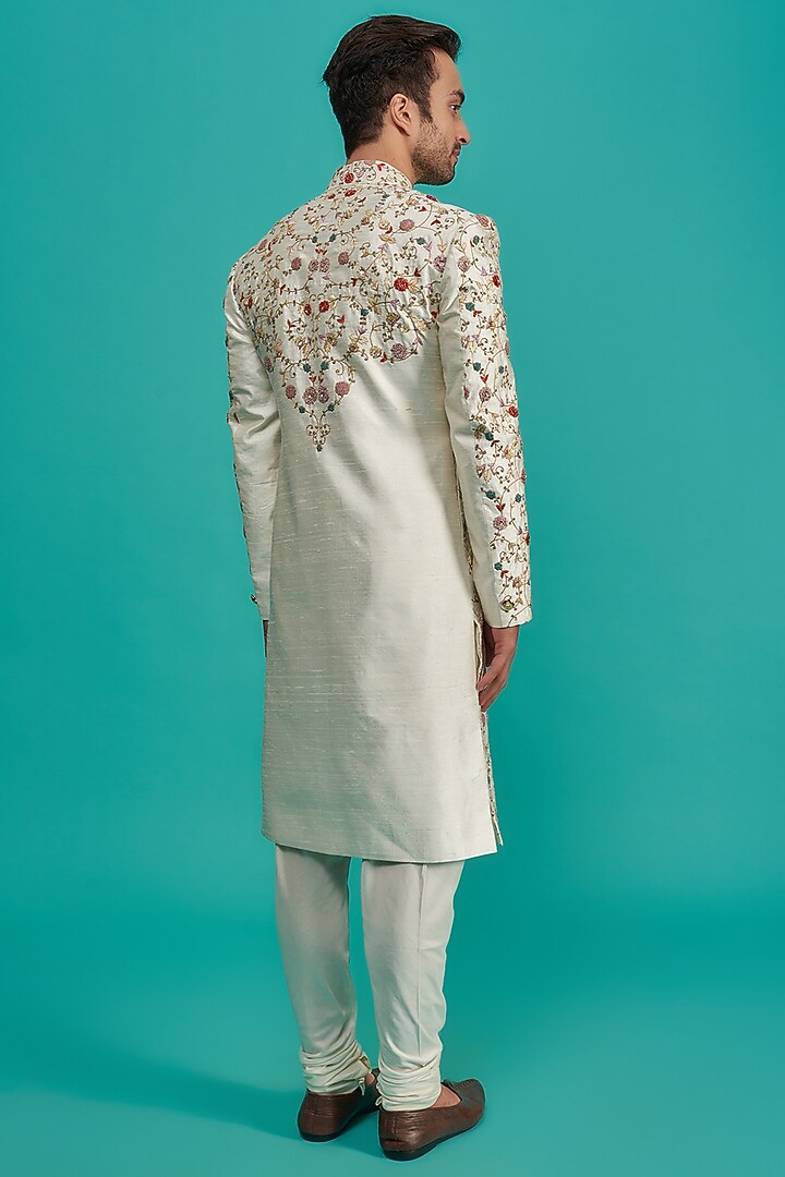 Off-White Raw Silk Hand Embroidered Groom Sherwani Set by AMIT ARORA at Pernia's Pop Up Shop
