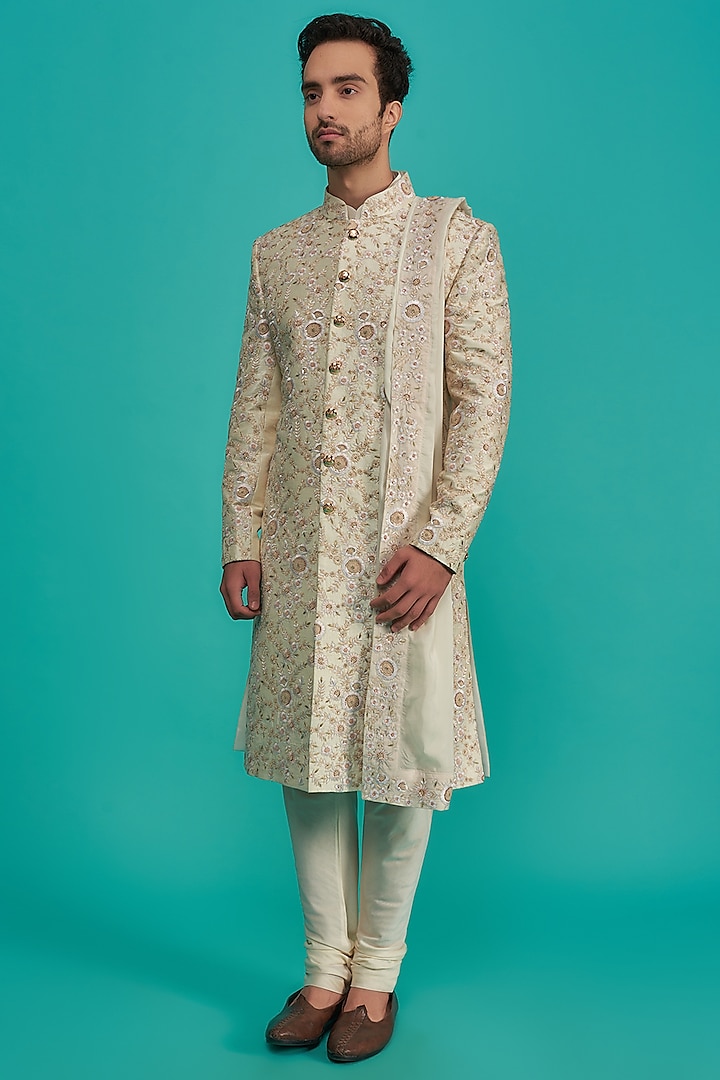 Beige Raw Silk Embroidered Sherwani Set by AMIT ARORA