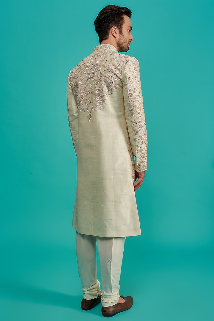 Beige Raw Silk Sequins & Moti Embroidered Groom Sherwani Set by AMIT ARORA at Pernia's Pop Up Shop