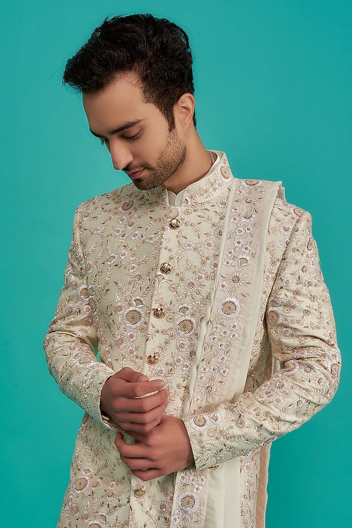 Beige Raw Silk Sequins & Moti Embroidered Groom Sherwani Set by AMIT ARORA at Pernia's Pop Up Shop