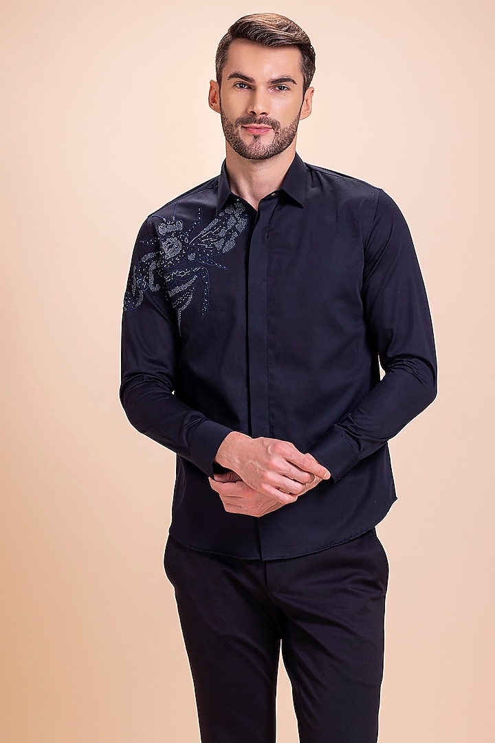 Navy Blue Acetate Bee Motif Hand Embroidered Shirt by AMIT ARORA