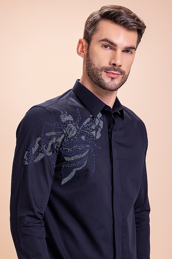 Navy Blue Acetate Bee Motif Hand Embroidered Party Wear Shirt by AMIT ARORA at Pernia's Pop Up Shop
