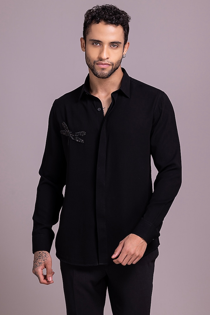 Black Polyamide Dragonfly Motif Hand Embroidered Shirt by AMIT ARORA at Pernia's Pop Up Shop