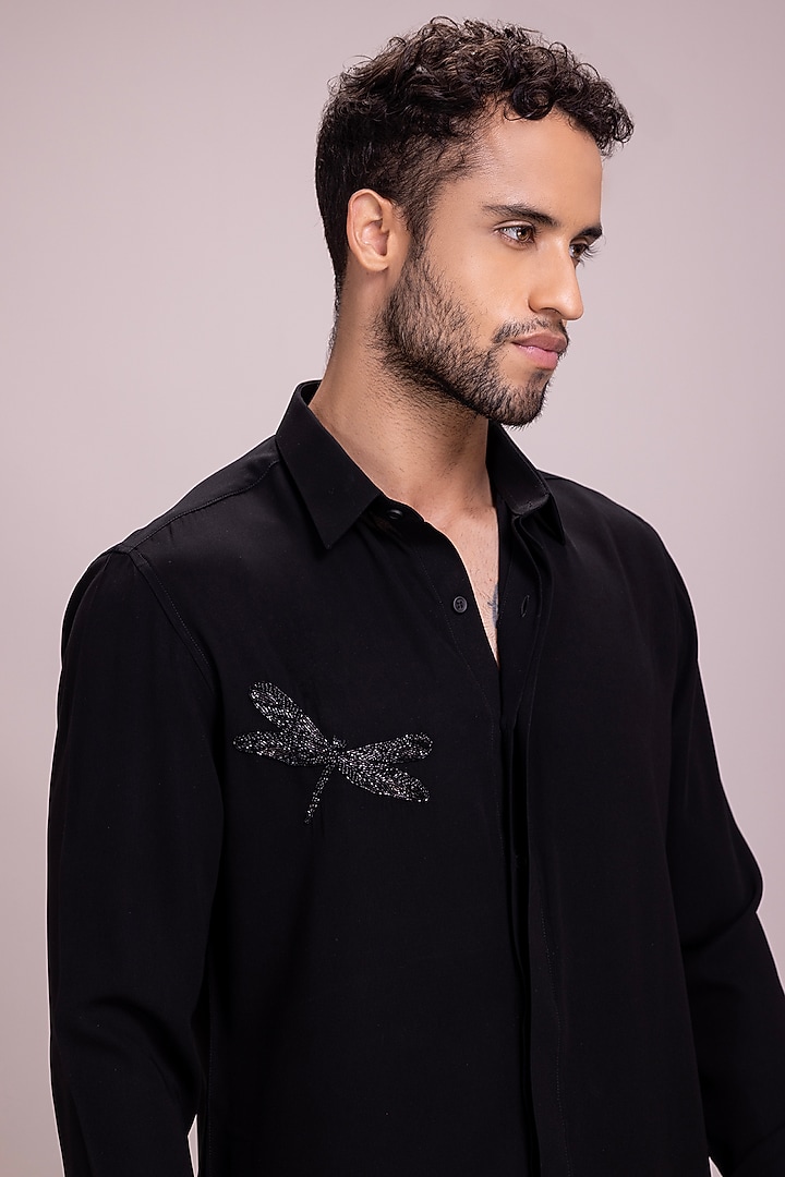 Black Polyamide Dragonfly Motif Hand Embroidered Party Wear Shirt by AMIT ARORA at Pernia's Pop Up Shop