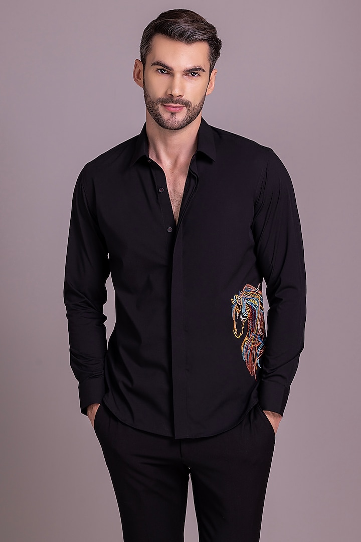 Black Acetate Horse Motif Embroidered Shirt by AMIT ARORA