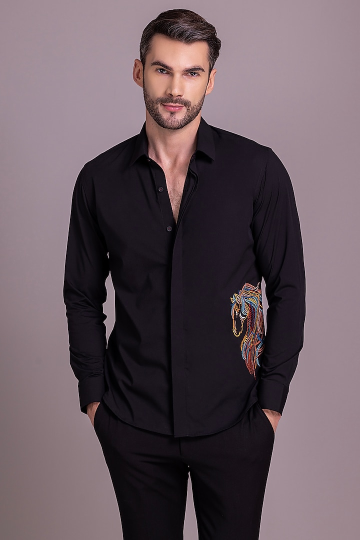 Black Acetate Horse Motif Embroidered Shirt by AMIT ARORA at Pernia's Pop Up Shop