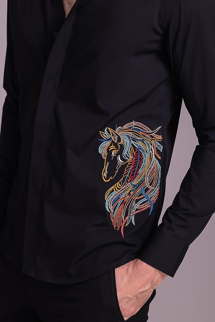 Black Acetate Horse Motif Embroidered Party Wear Shirt by AMIT ARORA at Pernia's Pop Up Shop