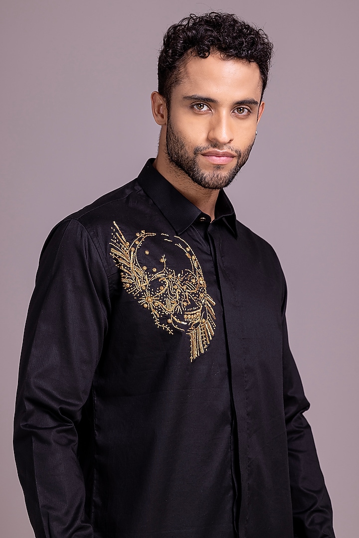 Black Cotton Lycra Skull Motif Hand Embroidered Party Wear Shirt by AMIT ARORA at Pernia's Pop Up Shop