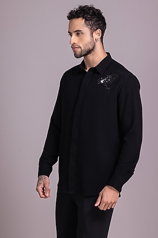 Black Polyamide Bird Motif Hand Embroidered Shirt by AMIT ARORA