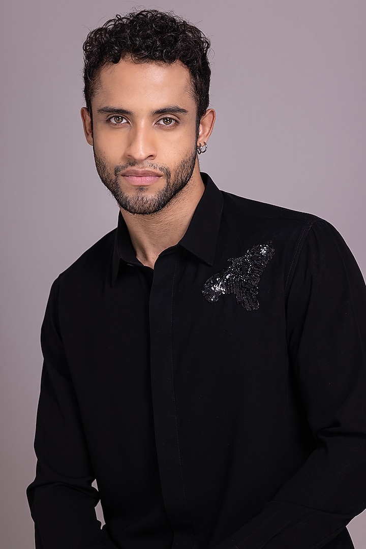 Black Polyamide Bird Motif Hand Embroidered Party Wear Shirt by AMIT ARORA at Pernia's Pop Up Shop