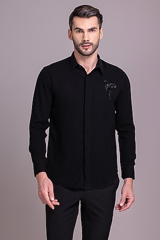 Black Polyamide Bird Motif Hand Embroidered Shirt by AMIT ARORA