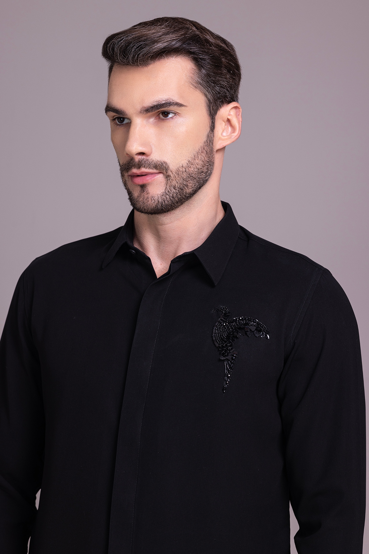 Black Polyamide Bird Motif Hand Embroidered Party Wear Shirt by