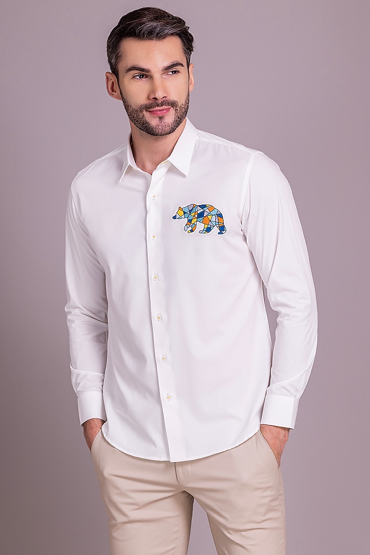 White Acetate Bear Motif Embroidered Shirt by AMIT ARORA