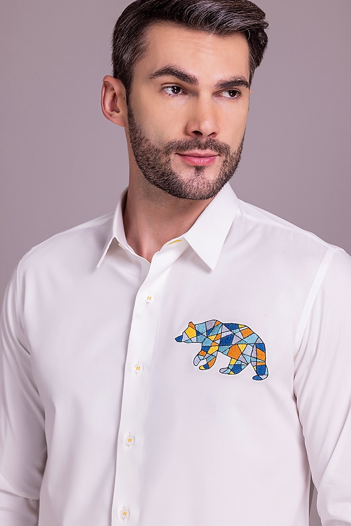 White Acetate Bear Motif Embroidered Party Wear Shirt by AMIT ARORA at Pernia's Pop Up Shop