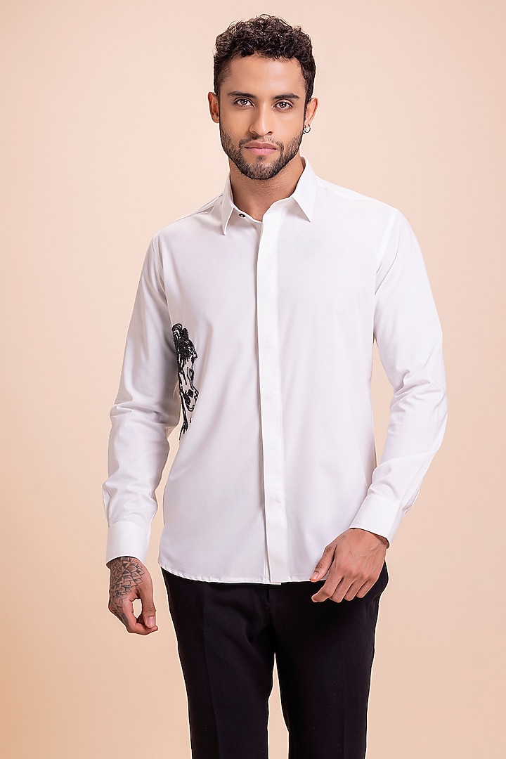 White Acetate Horse Motif Hand Embroidered Party Wear Shirt by AMIT ARORA at Pernia's Pop Up Shop
