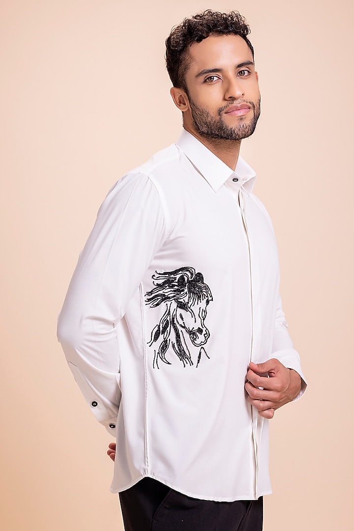 White Acetate Horse Motif Hand Embroidered Party Wear Shirt by AMIT ARORA at Pernia's Pop Up Shop