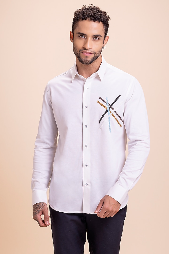White Knit Abstract Motif Hand Embroidered Shirt by AMIT ARORA