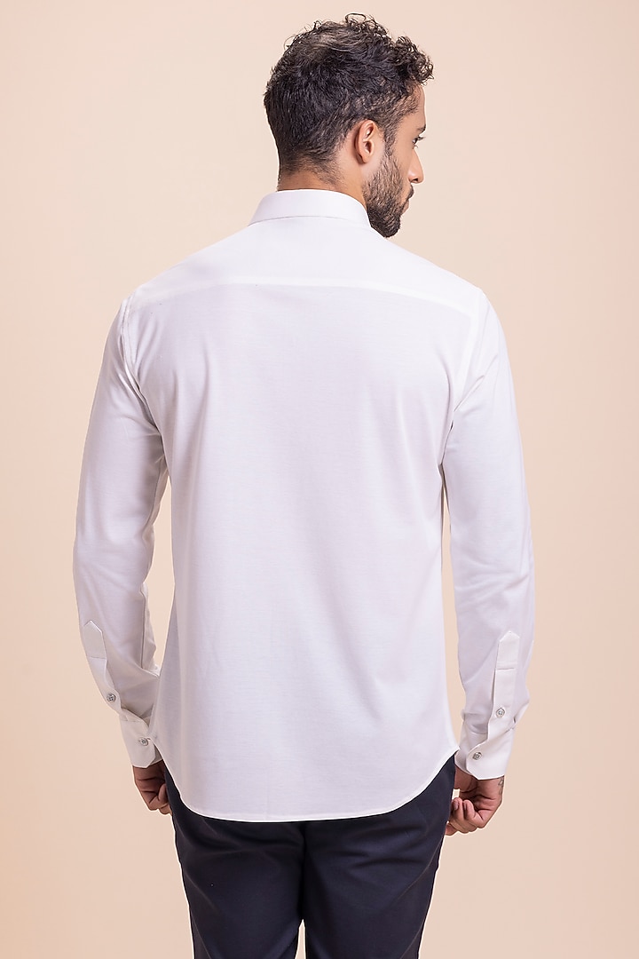White Knit Abstract Motif Hand Embroidered Party Wear Shirt by AMIT ARORA at Pernia's Pop Up Shop