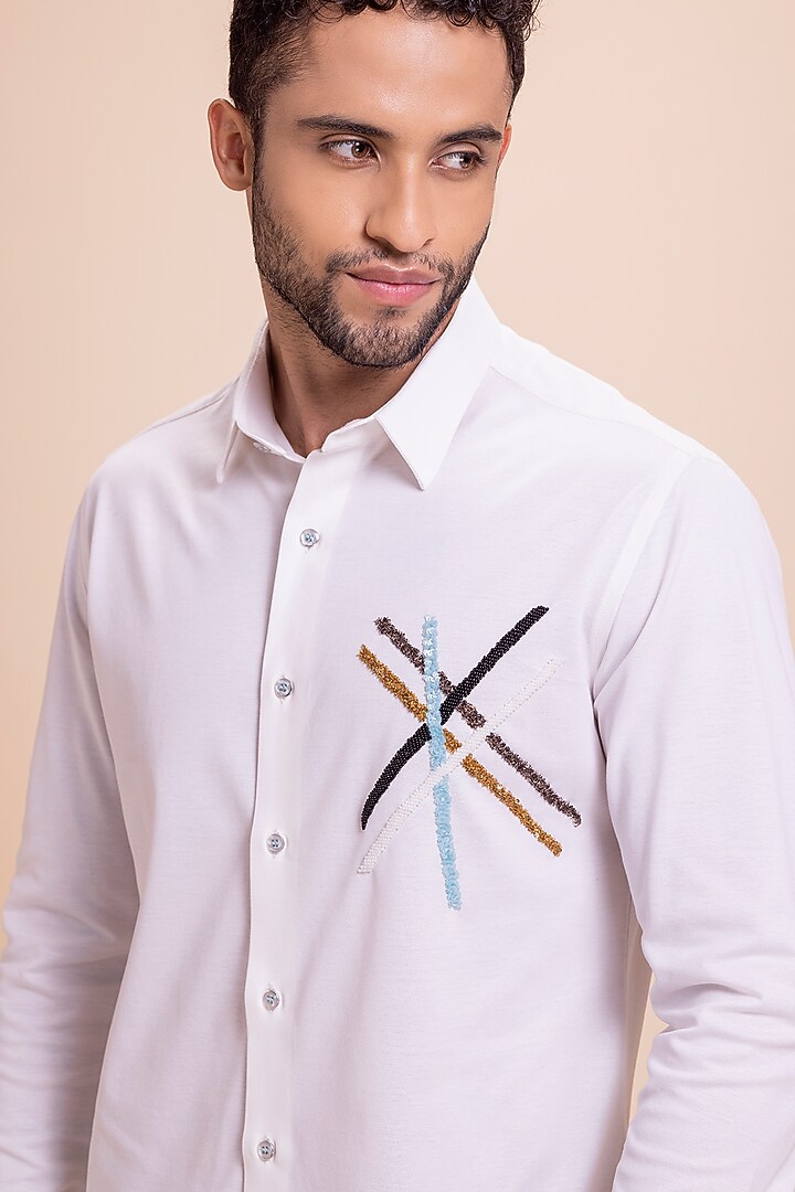 White Knit Abstract Motif Hand Embroidered Party Wear Shirt by AMIT ARORA at Pernia's Pop Up Shop