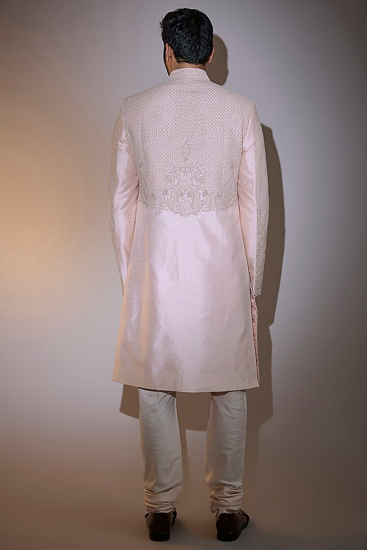 Peach Raw Silk Hand Embroidered Groom Sherwani Set by AMIT ARORA at Pernia's Pop Up Shop