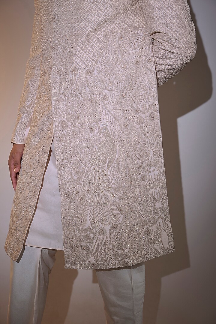Peach Raw Silk Hand Embroidered Groom Sherwani Set by AMIT ARORA at Pernia's Pop Up Shop