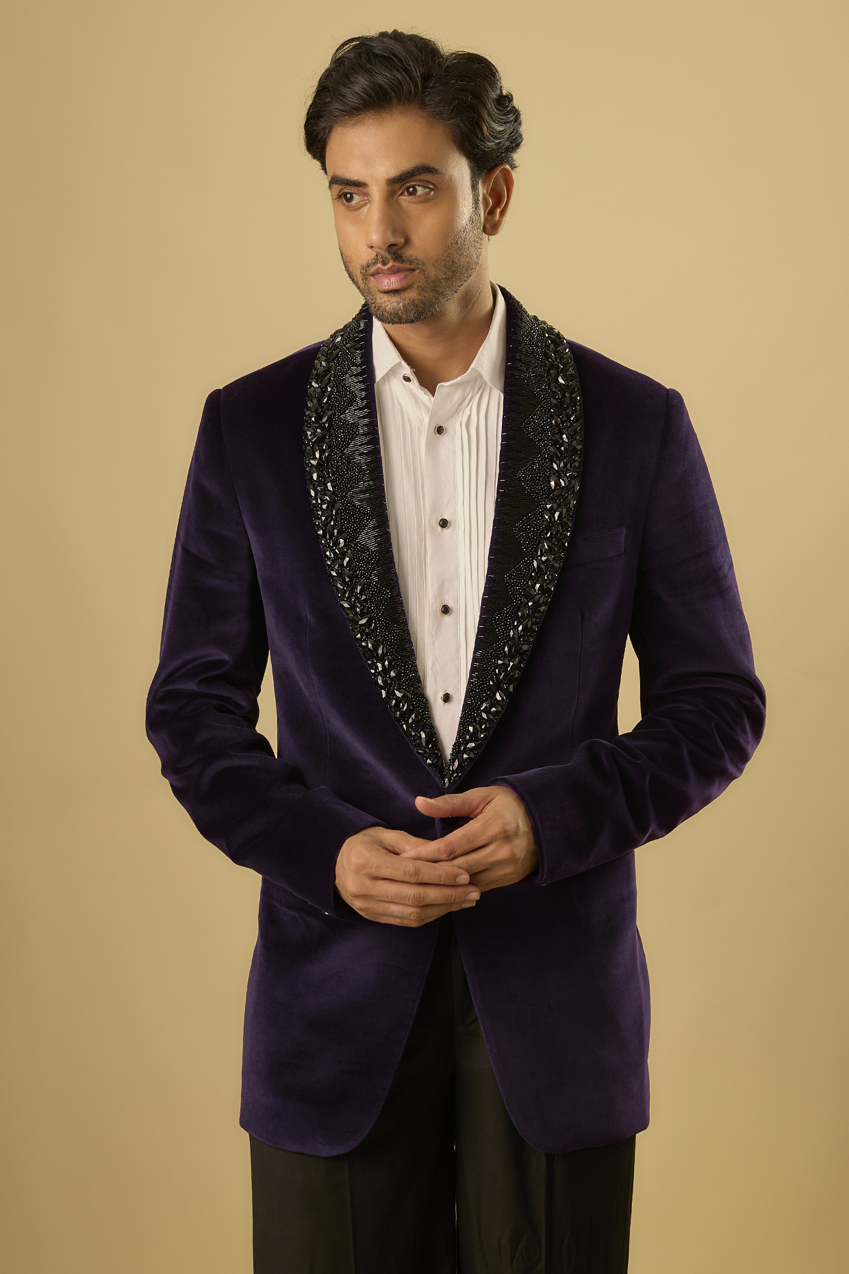 Purple Cotton Velvet Hand Embroidered Tuxedo Jacket by AMIT ARORA