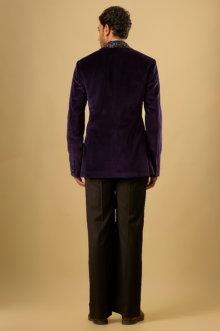 Purple Cotton Velvet Hand Embroidered Tuxedo Jacket by AMIT ARORA at Pernia's Pop Up Shop