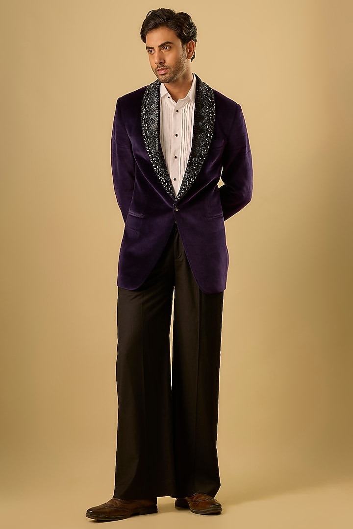 Purple Cotton Velvet Hand Embroidered Tuxedo Jacket by AMIT ARORA at Pernia's Pop Up Shop