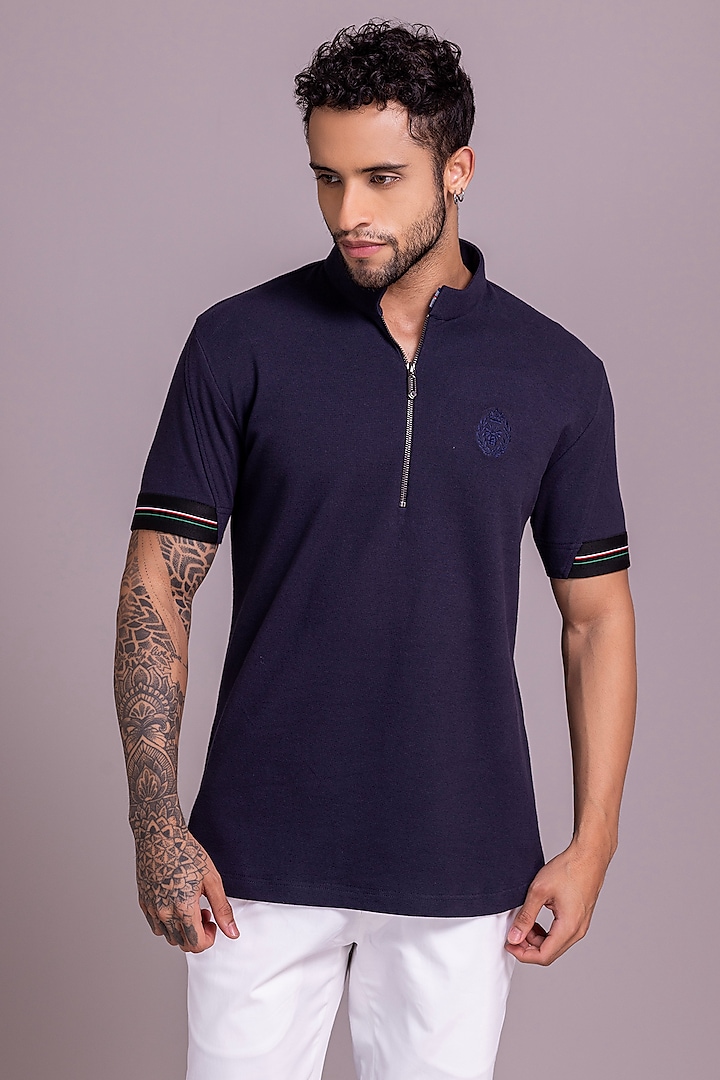 Navy Blue Knit T-Shirt by AMIT ARORA