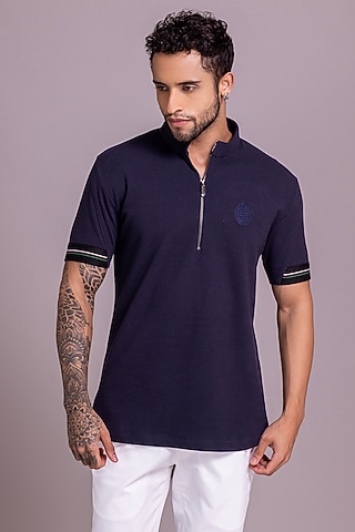 Navy Blue Knit T-Shirt by AMIT ARORA