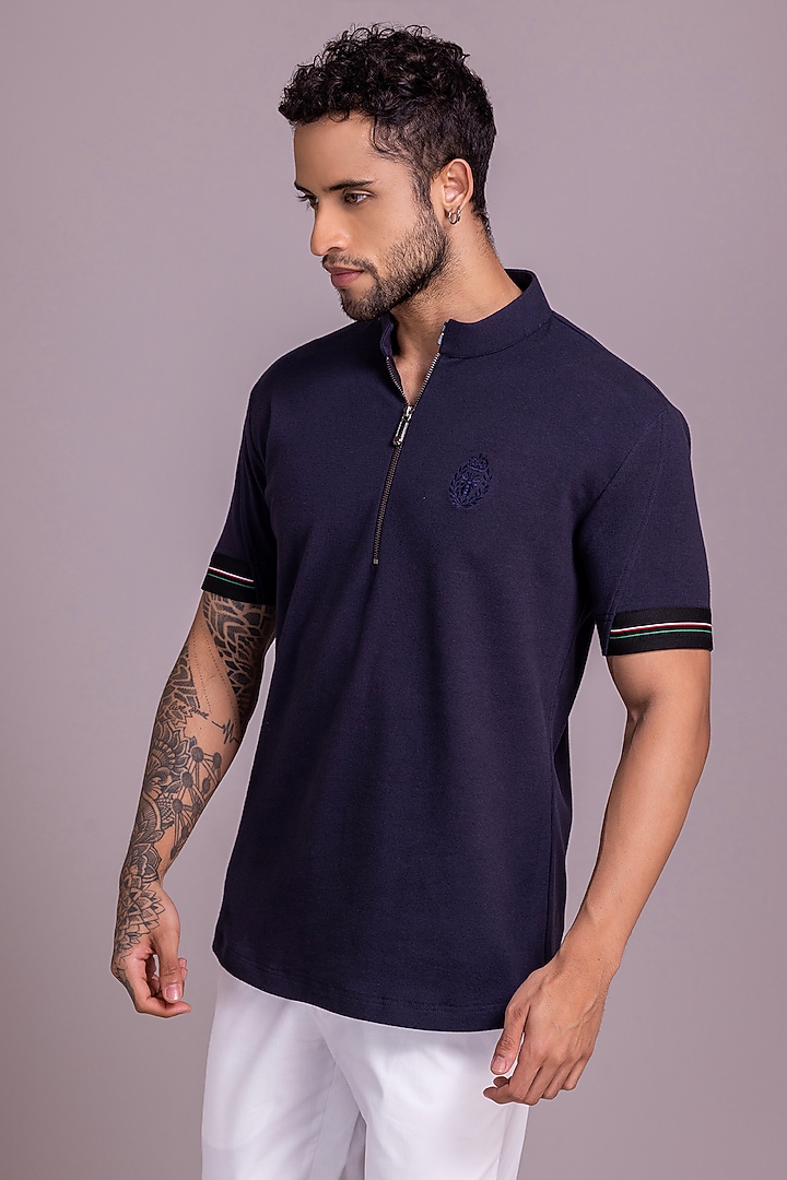 Navy Blue Knit T-Shirt by AMIT ARORA at Pernia's Pop Up Shop