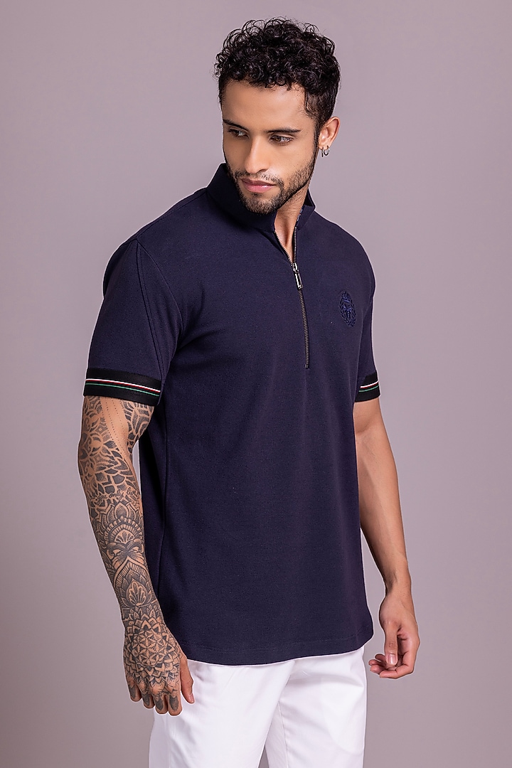 Navy Blue Knit T-Shirt by AMIT ARORA at Pernia's Pop Up Shop