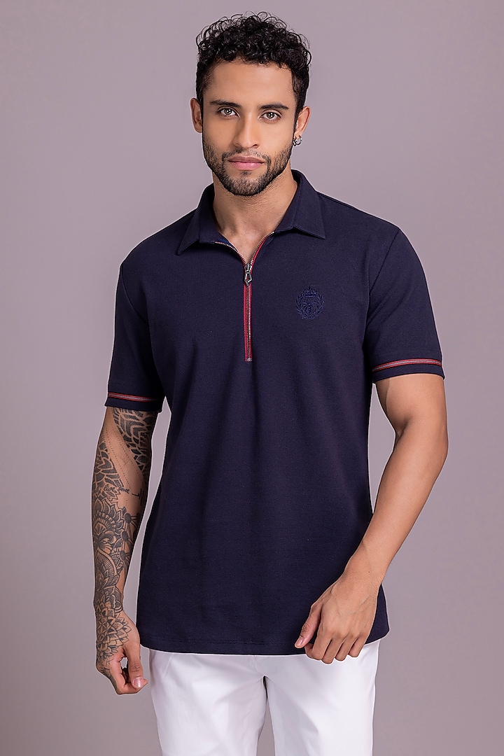 Navy Blue Knit T-Shirt by AMIT ARORA