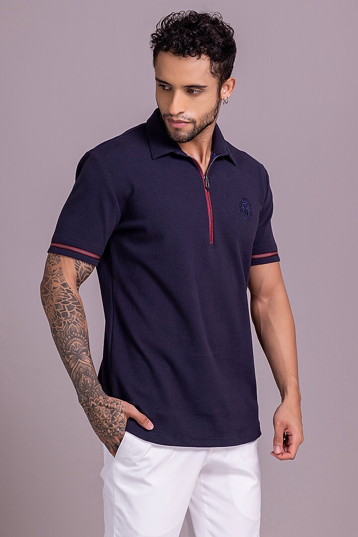 Navy Blue Knit T-Shirt by AMIT ARORA at Pernia's Pop Up Shop