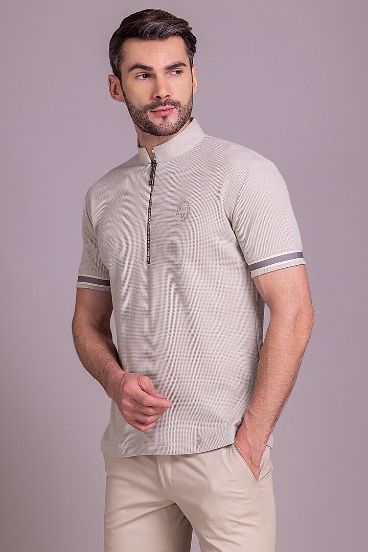 Light Beige Knit T-Shirt by AMIT ARORA at Pernia's Pop Up Shop