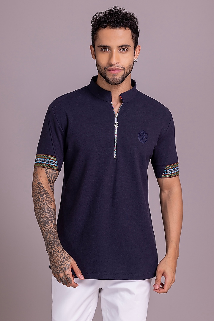 Navy Blue Knit T-Shirt by AMIT ARORA